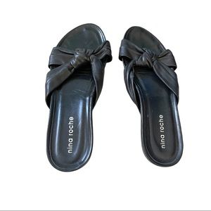 Nina Roche Black Leather Sip-on Sandals Twist Strap Size EU 38